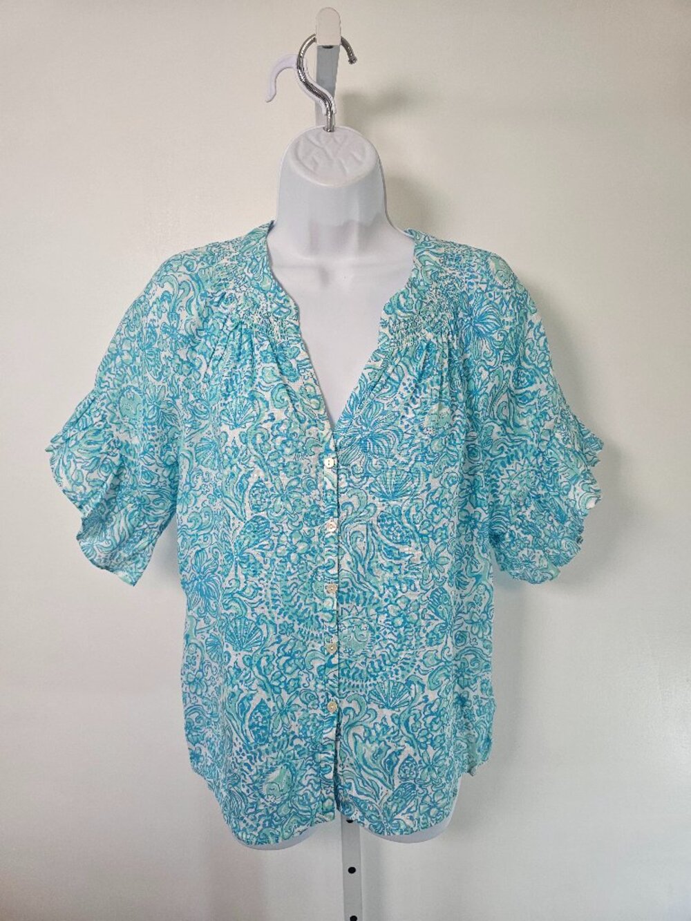Lilly Pulitzer Blouse Blue White Seashell Tropical Linen Summer Beach XS